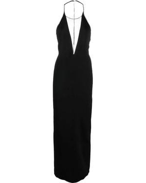 Galvan London Plunge Sheer-Panel Halterneck Gown - Black