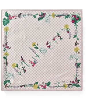 Mulberry Floral-Print Gingham Silk Scarf - Gray