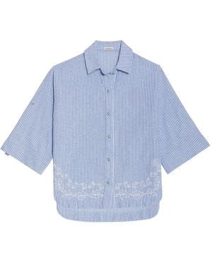Agua Bendita Chrissy Striped Embroidered Cotton Shirt - Blue