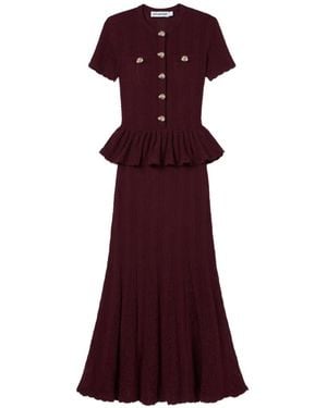 Self-Portrait Burgundy Pointelle Peplum Knit Midi Dress - Red