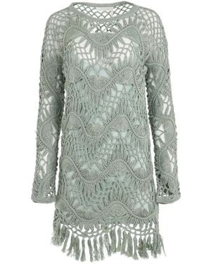 Chloé Fringed Crochet-Knit Mini Dress - Gray