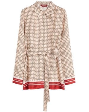 Max Mara Geometric-Print Belt-Detail Silk Shirt - Natural