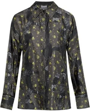 Ganni Floral-Print Silk Shirt - Grey