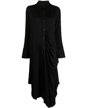 Yohji Yamamoto Long-Sleeve Draped Midi Shirt Dress - Black