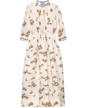 Prada Long Printed Linen Dress - White
