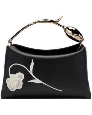 Erdem Midi Bloom Embroidered Leather Tote Bag - Black
