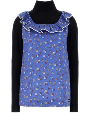 Miu Miu Floral-Print Ruffled Jumper - Blue