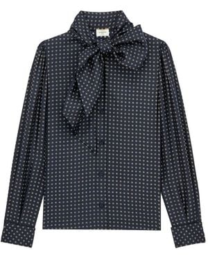 Saint Laurent Geometric-Print Pussy-Bow Blouse - Blue