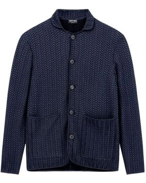 Giorgio Armani Chevron-Knit Button-Up Jacket - Blue