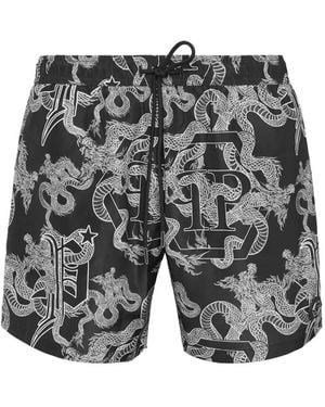 Philipp Plein Badeshorts Mit Drachen-Print - Grau