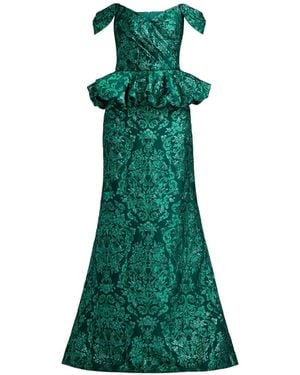 Tadashi Shoji Corliss Peplum Damask-Pattern Maxi Dress - Green