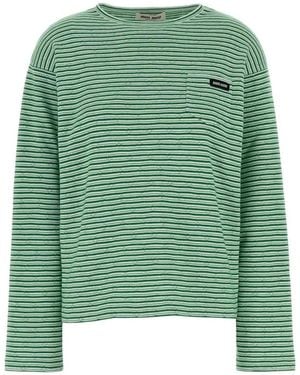 Miu Miu Striped Embroidered T-Shirt - Green