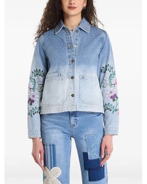 Desigual Floral-Embroidered Denim Jacket - Blue