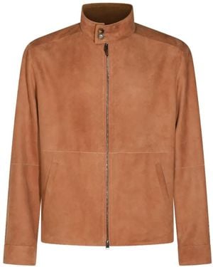 Canali Zip-Up Stand-Collar Leather Jacket - Brown