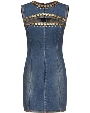 Area Crystal Button Studded Slit Denim Mini Dress - Blue