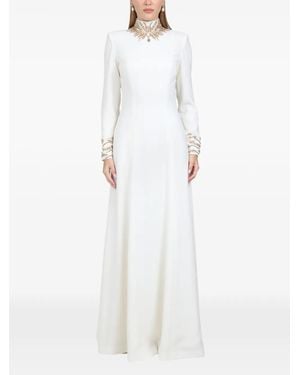 Dina Melwani Embellished High-Neck Crepe Gown Maxi Dress - White