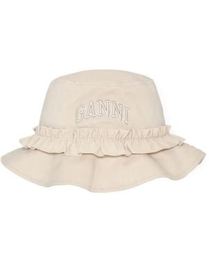 Ganni Logo-Embroidered Bucket Hat - White