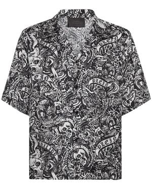 Philipp Plein Tattoo Short-Sleeve Silk Shirt - Grey