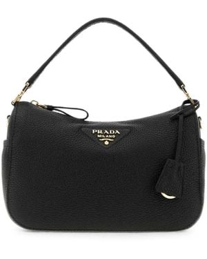 Prada Small Logo-Plaque Pebbled-Leather Tote Bag - Black