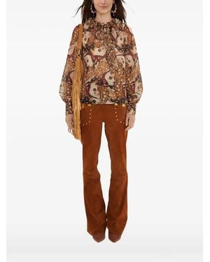 FARM Rio Butterfly-Print Ruffled Blouse - Brown