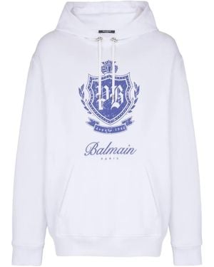 Balmain University Emblem Printed Drawstring Hoodie - White