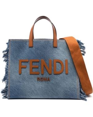 Fendi Fringe-Detailing Denim Tote Bag - Blue