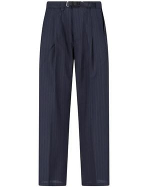 White Sand Pinstripe Belted Trousers - Blue