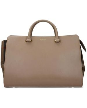 Burberry Banner Check-Panel Leather Tote Bag - Brown