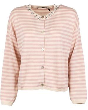 Seventy Striped Neck-Embellished Cardigan - Pink