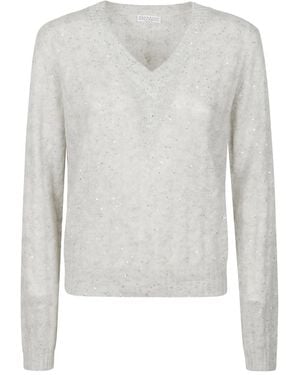 Brunello Cucinelli Sequin-Embellished V-Neck Jumper - White