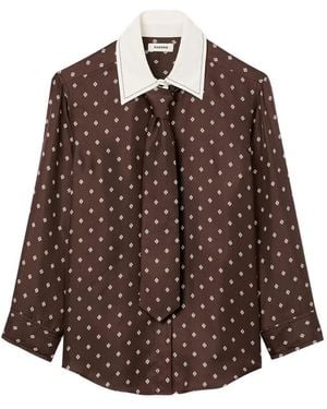 Sandro Geometric-Print Tie-Neck Shirt - Brown