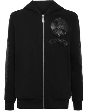 Philipp Plein Leather-Insert Crest-Zip Hoodie - Black