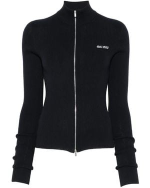 Miu Miu Logo-Embroidered Zip-Up Cardigan - Black