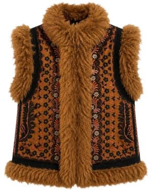 Antik Batik Chaleco Sandora Bordado Con Ribete De Piel De Borrego - Marrón
