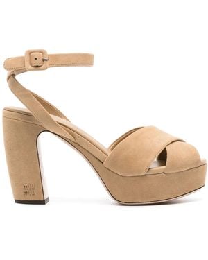 Miu Miu Crossover Suede Platform Sandals - Natural