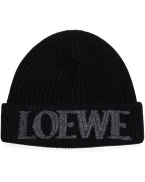 Loewe Logo-Embroidered Ribbed Beanie Hat - Black