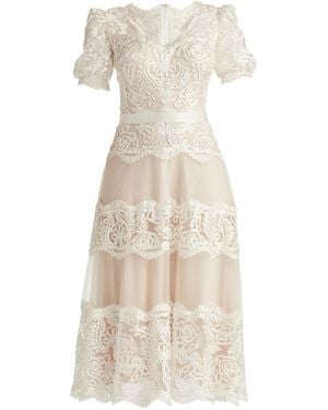 Tadashi Shoji Belline Lace Ribbon Midi Dress - Natural