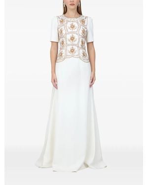 Dina Melwani Floral Embroidered Maxi Dress - White