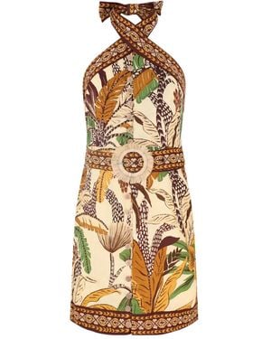 FARM Rio Halter-Neck Botanical Print Day Dress - Metallic