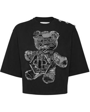 Philipp Plein Cropped Round Neck T-Shirt 3D Teddy - Black