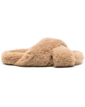 Yves Salomon Crossover-Strap Shearling Slippers - Natural
