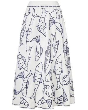 FARM Rio Embroidered Linen Midi Skirt - White