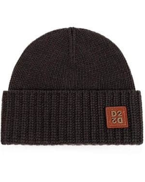 DSquared² D2 Logo-Patch Ribbed-Knit Beanie - Black