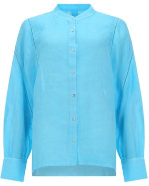 120% Lino Camicia Con Colletto Alla Coreana - Blu