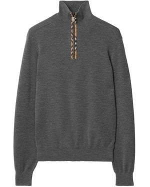 Burberry Turtleneck Check-Trim Half-Zip Jumper - Grey