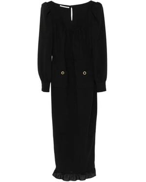 Alessandra Rich Ruffle-Trim Scoop-Neck Midi Dress - Black