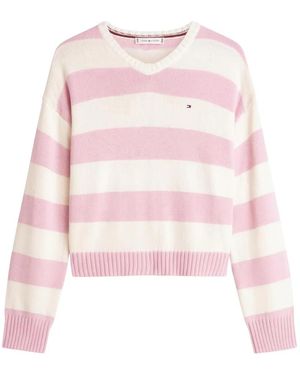 Tommy Hilfiger Striped V-Neck Jumper - Pink