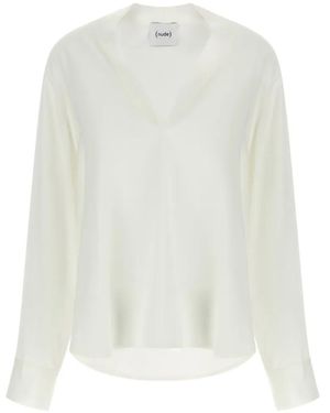 Nude Asymmetrical-Hem V-Neck Blouse - White