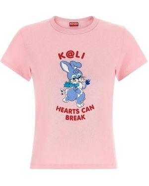 KENZO Cartoon-Print Ribbed T-Shirt - Pink
