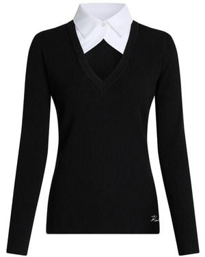 KARL LAGERFELD Contrast-Collar Ribbed-Knit Polo Top - Black